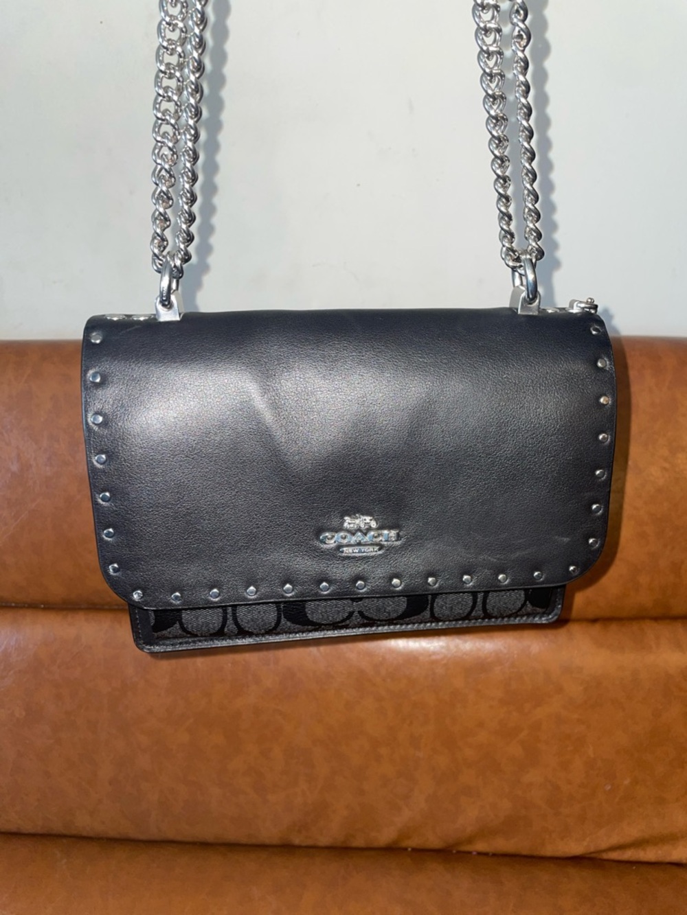 Coach Black Leather & Signature Canvas Chain Shoulder Bag with Silver Studs - Picture 4 of 17